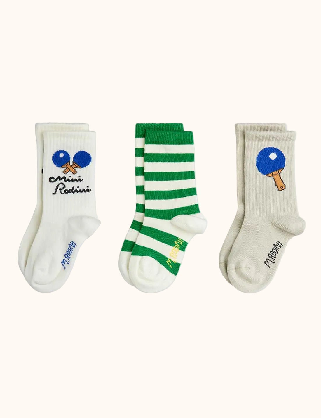 Mini Rodini Table Tennis Babysocken 3er Pack mit Tischtennis Motiven und grünen Streifen