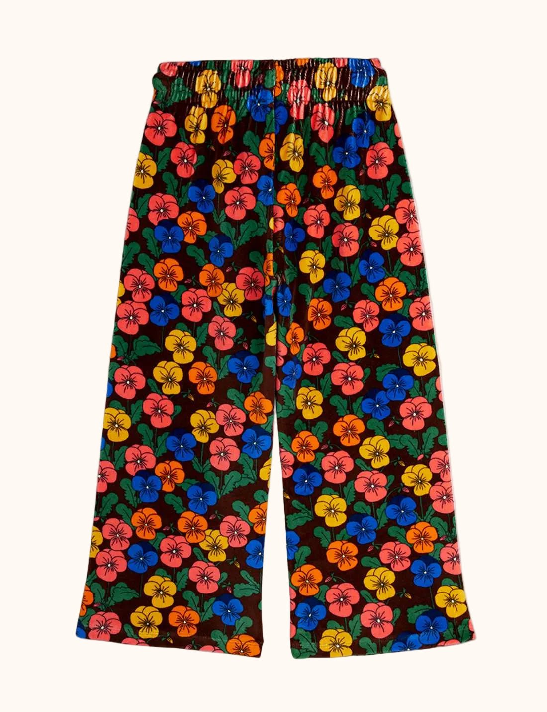 Mini Rodini kinder velours broek met kleurrijke bloemenprint en wijde pijpen achterkant
