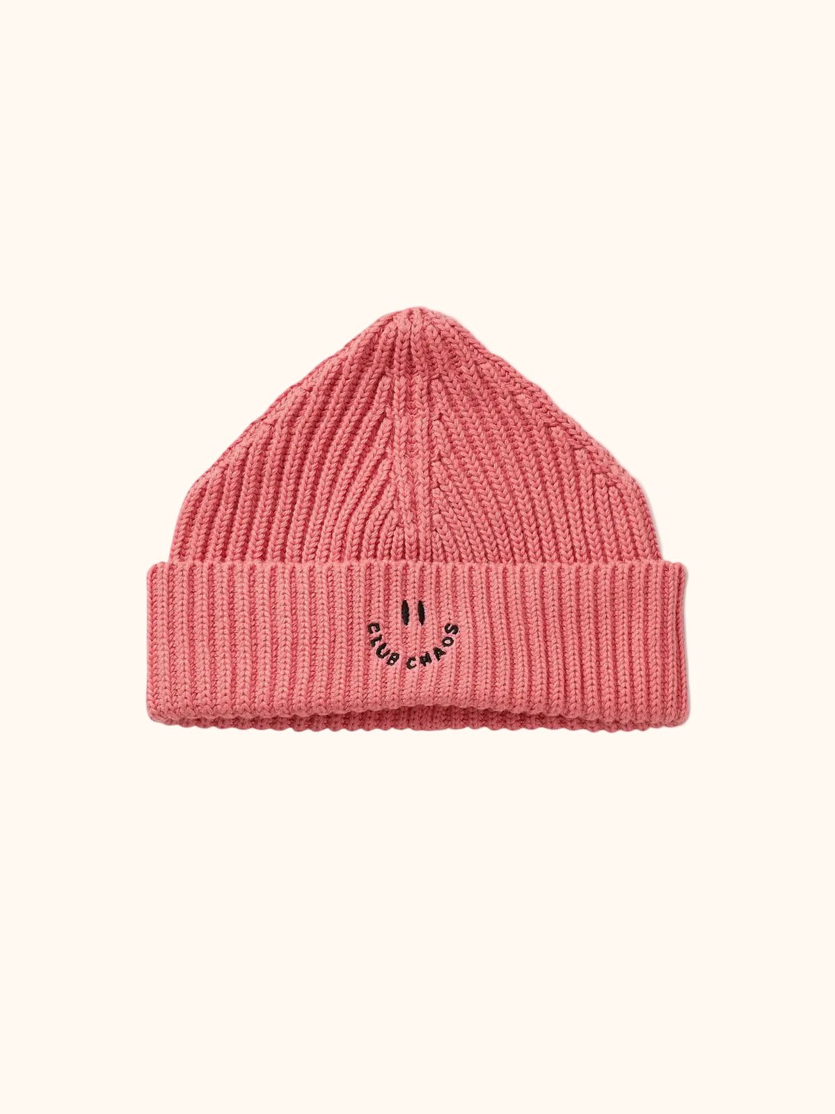 Roze gebreide muts met smileyborduursel van Sproet & Sprout