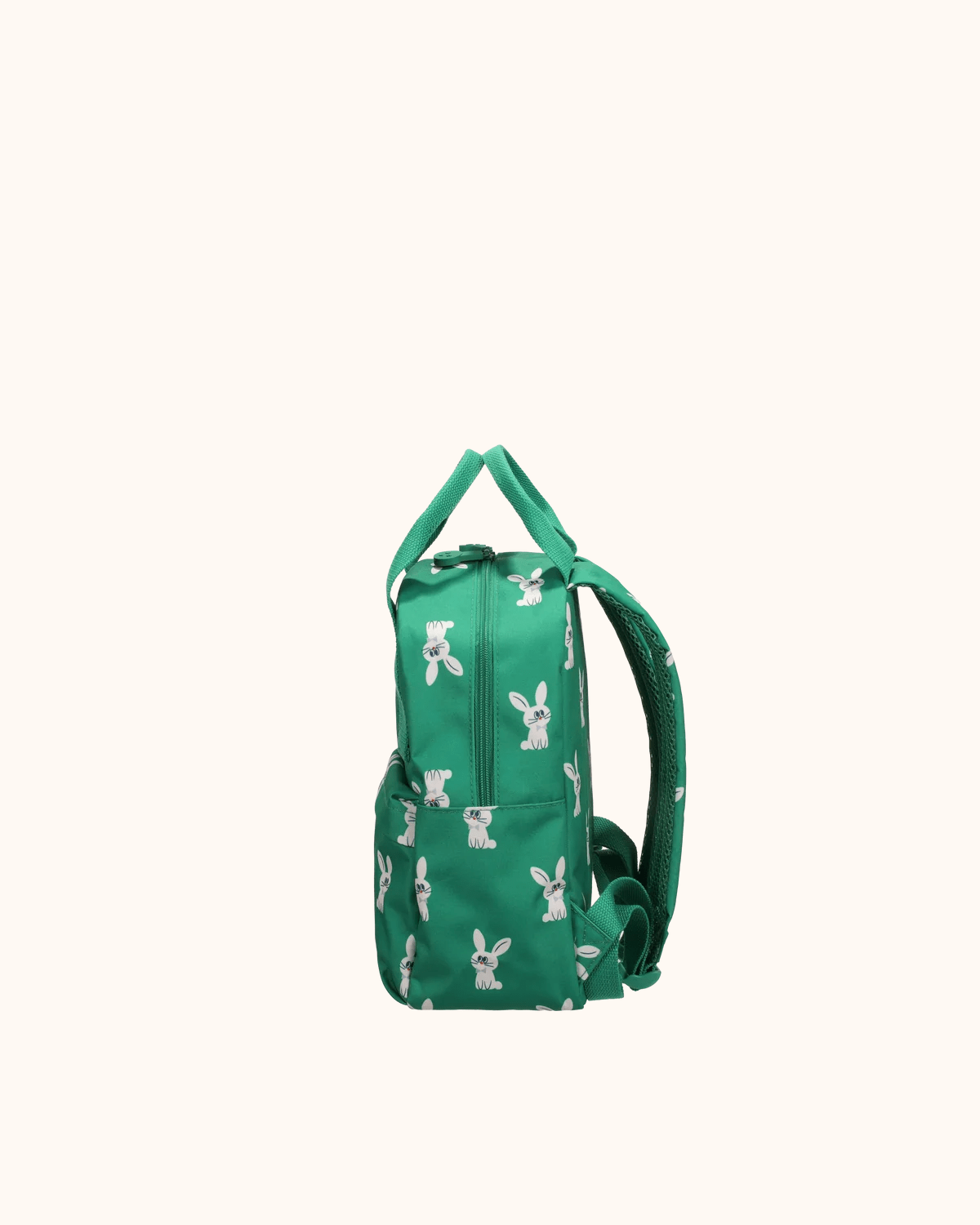 Backpack by Ole in green with rabbit motif, side view