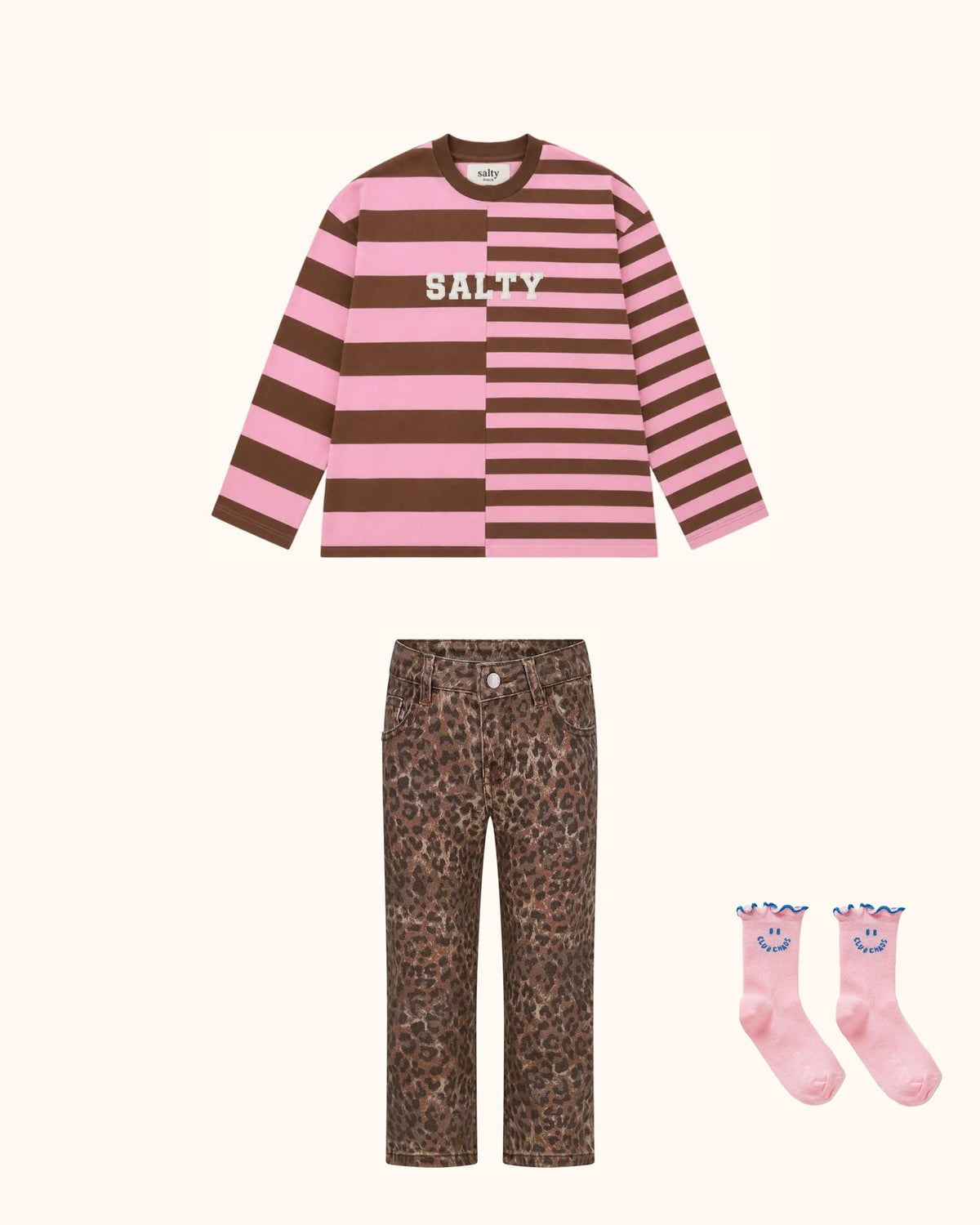 Pink Leo Kids Look – originale Produkte auf einheitlichem Hintergrund