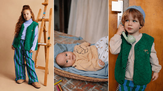 Collage met Sproet & Sprout jeans, babypakje en groene teddy bodywarmer
