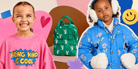 Collage met kleurrijke kinderoutfits en groene Ole rugzak bij HEY MAUSI