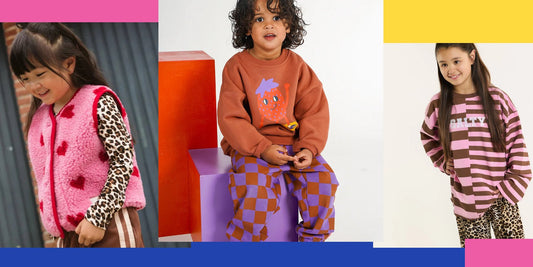 Kinderoutfits met roze bodywarmer, oranje trui en gestreept shirt