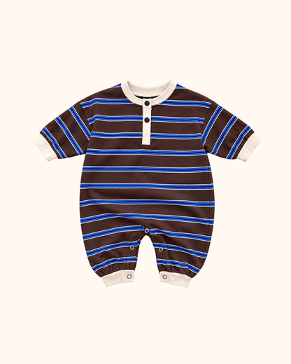 Babyromper met donkerblauwe en bruine strepen