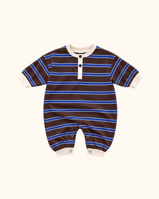 Baby romper with navy and brown stripes