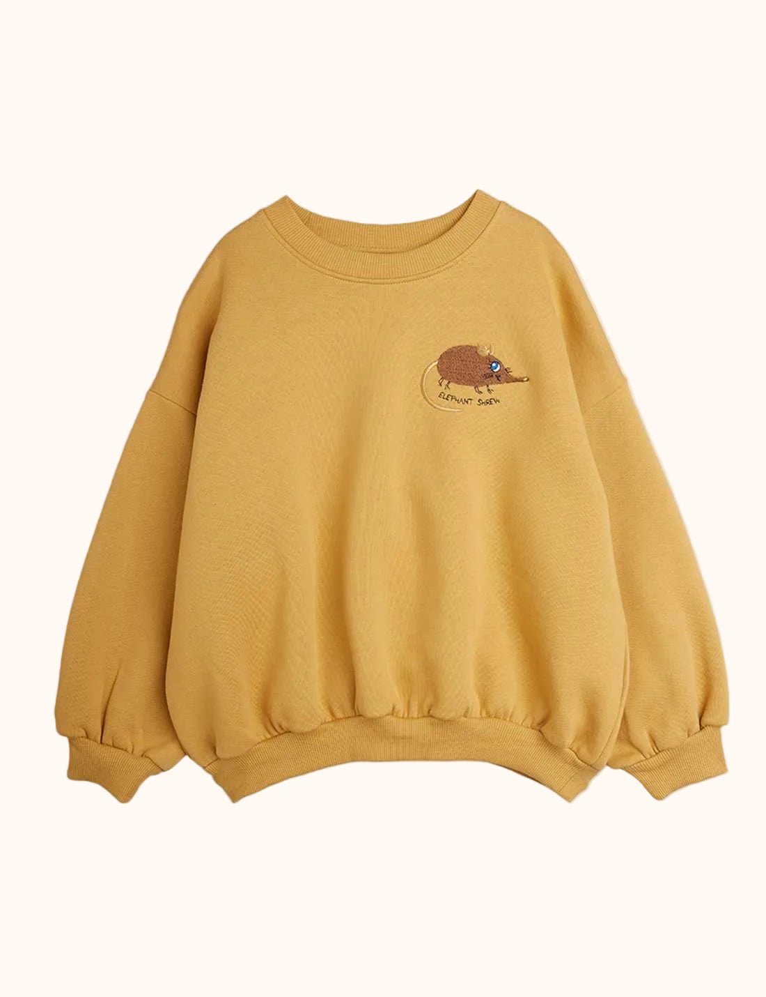Geel Mini Rodini Baby Sweatshirt met Elephant Shrew borduursel vooraanzicht
