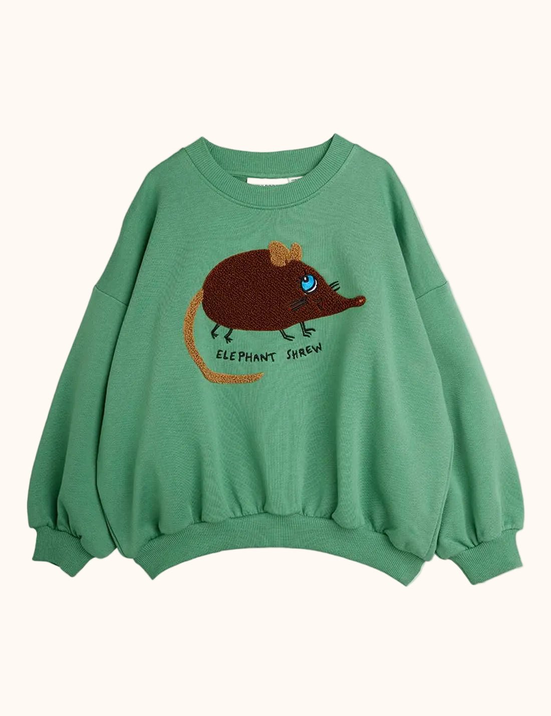 Elephant Shrew Baby sweatshirt by Mini Rodini in green, front view