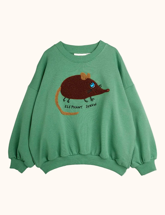 Grünes Mini Rodini Baby Sweatshirt mit Elephant Shrew Chenille Stickerei Voderansicht