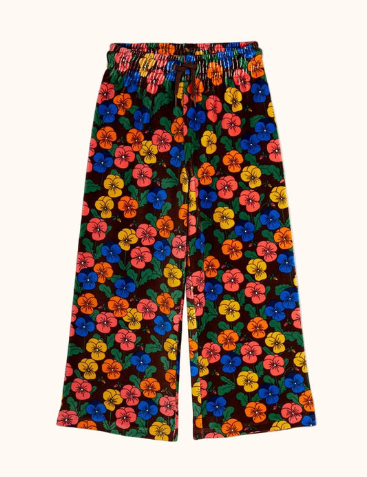 Mini Rodini Kinder Velour Hose mit buntem Blumenprint und weitem Bein vorderansicht