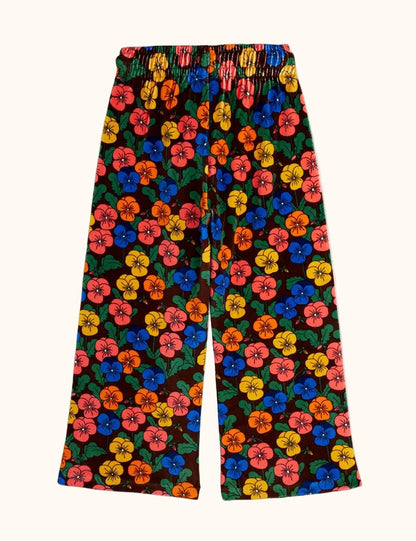 Mini Rodini kinder velours broek met kleurrijke bloemenprint en wijde pijpen achterkant