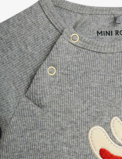 Grijze Mini Rodini babyromper met konijnenapplicatie drukknopen aan de zijkant