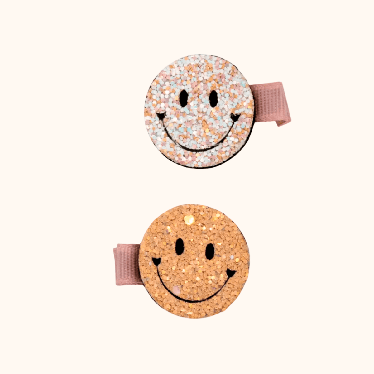 Twee kleine haarspeldjes met glitter smileys in roze en Orange van Colori Ribelle