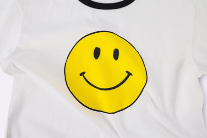 T shirt by BBOBBIE in yellow and white with smiley print, detail