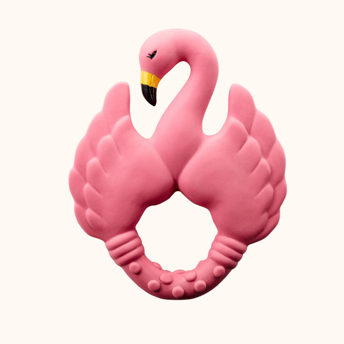 roze flamingo bijtring van Natruba, gemaakt van natuurrubber