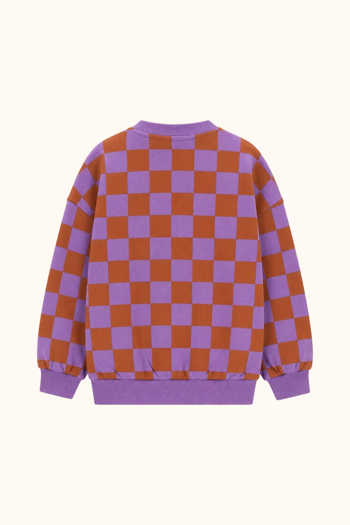 The New Chapter kinder Sweater met oranje lila ruitpatroon