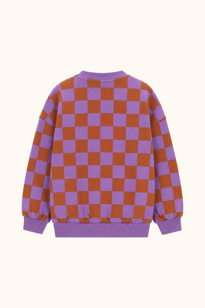 The New Chapter kinder Sweater met oranje lila ruitpatroon