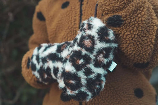 Wool mittens by We Are Wovens with leopard print