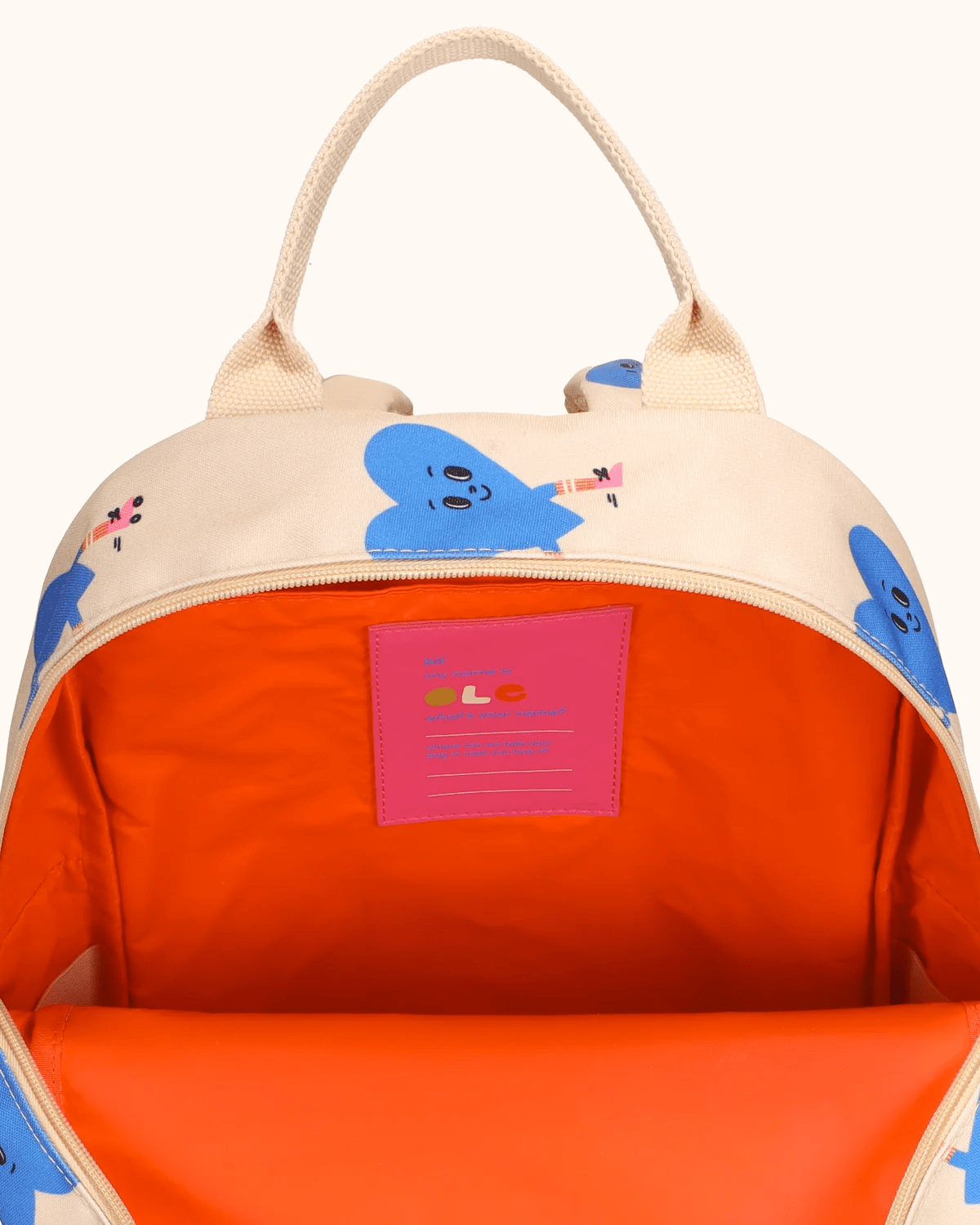 Rollerherz backpack by Ole in cream with hearts, interior view