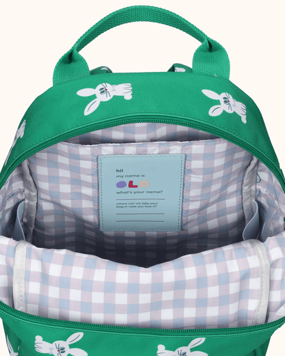 Backpack by Ole in green with rabbit motif, interior view
