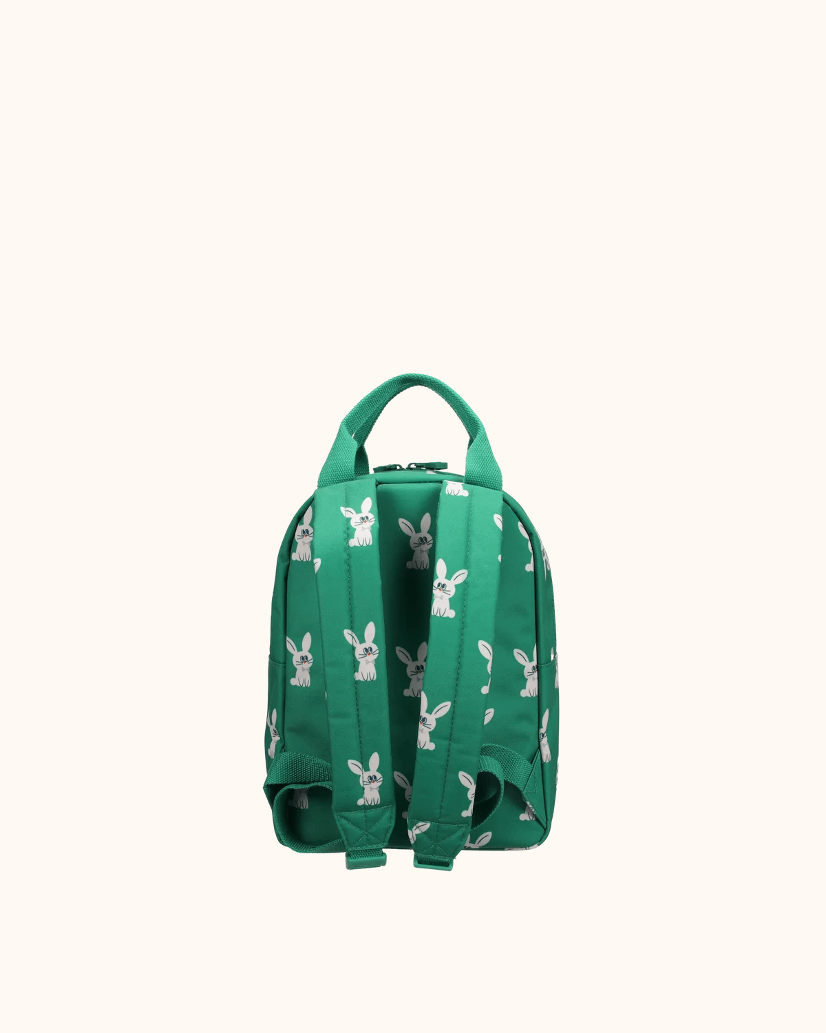 Backpack by Ole in green with rabbit motif, back view