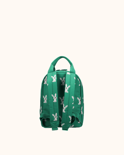Backpack by Ole in green with rabbit motif, back view