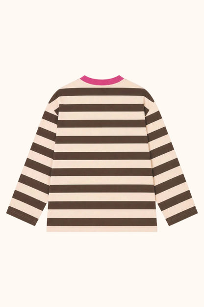 Long sleeve top by Salty in beige with stripes, back view by Salty Stitch