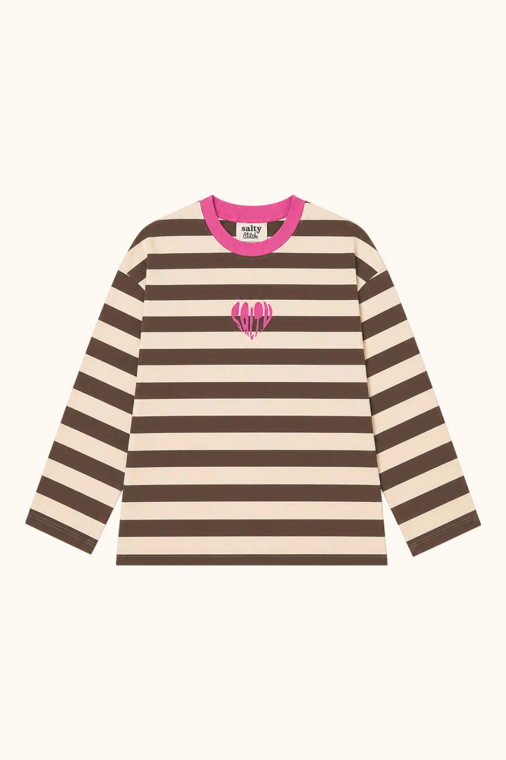 Long sleeve top by Salty in beige with stripes, front view by Salty Stitch