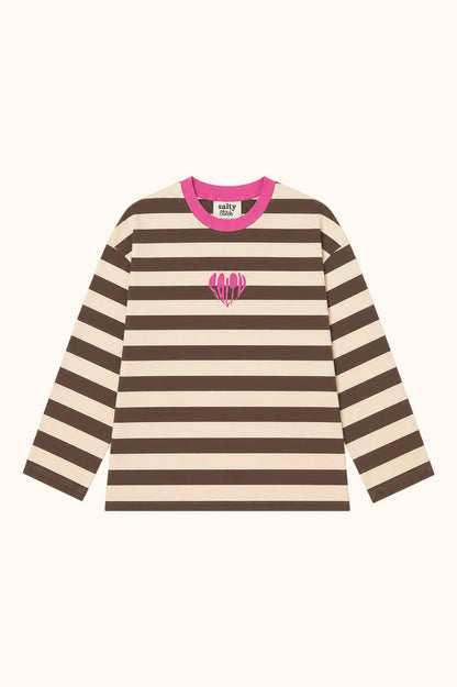 Long sleeve top by Salty in beige with stripes, front view by Salty Stitch