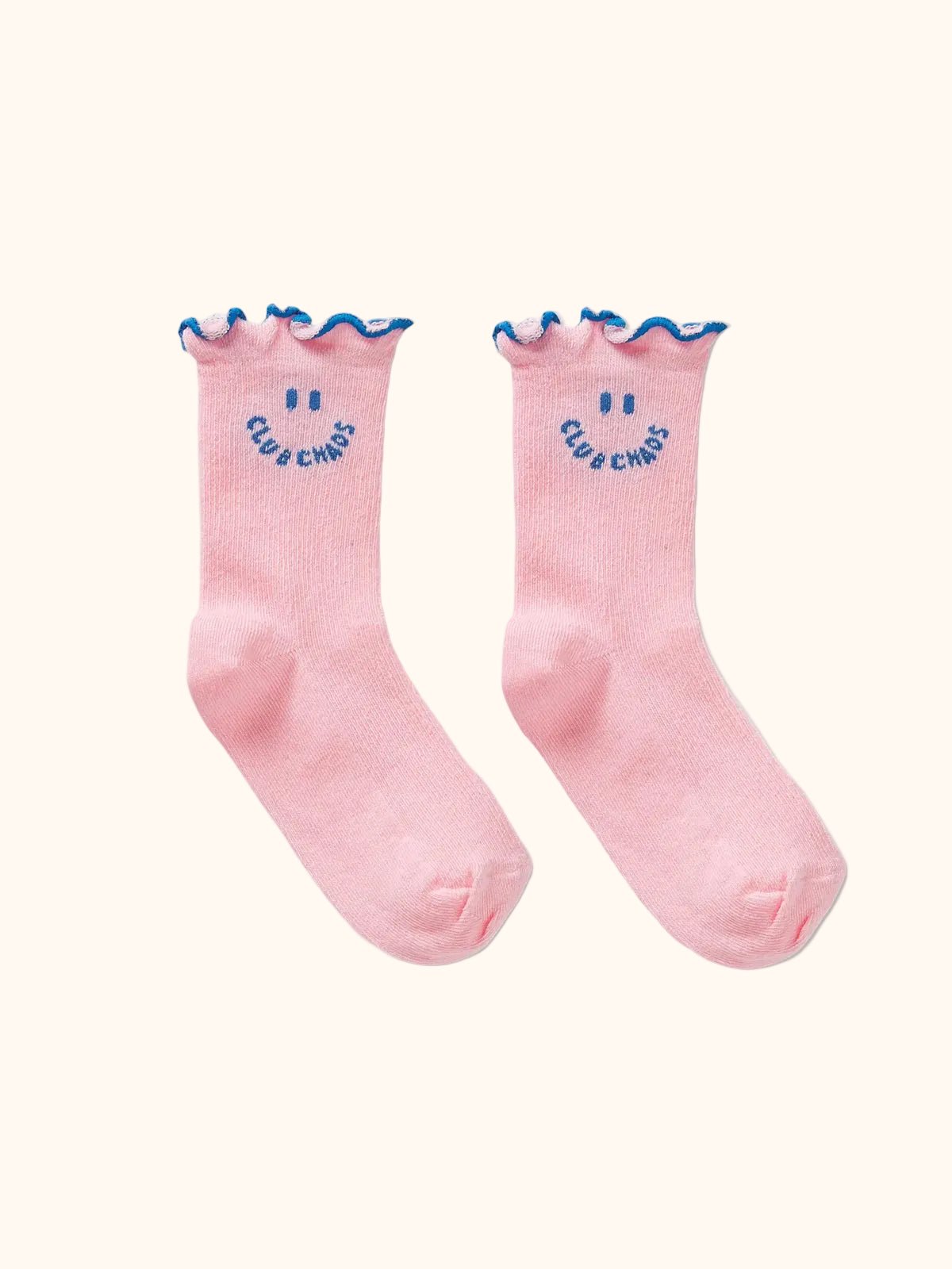 Roze kindersokken met smileyborduursel en ruches van Sproet & Sprout