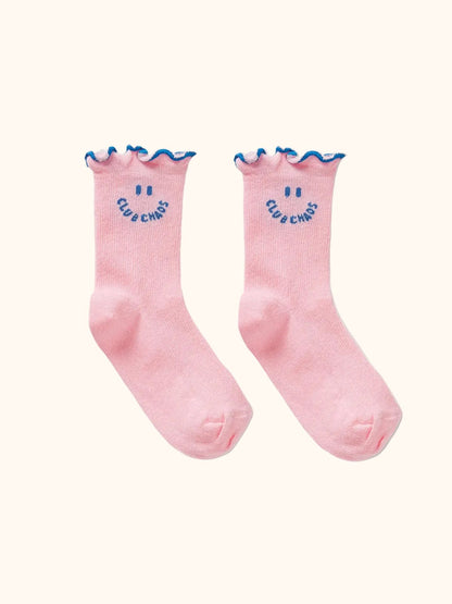 Roze kindersokken met smileyborduursel en ruches van Sproet & Sprout