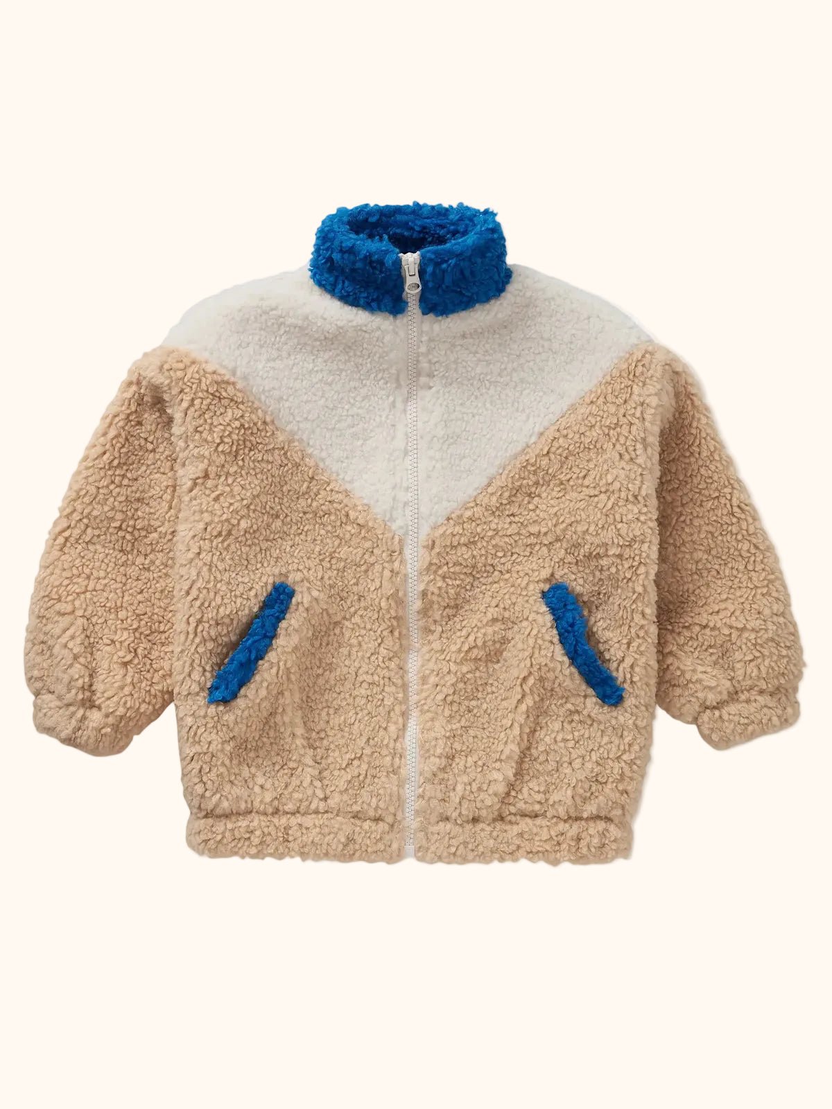Children’s teddy jacket by Sproet & Sprout in cream and cobalt blue