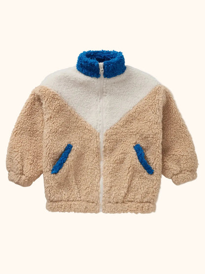 Children’s teddy jacket by Sproet & Sprout in cream and cobalt blue