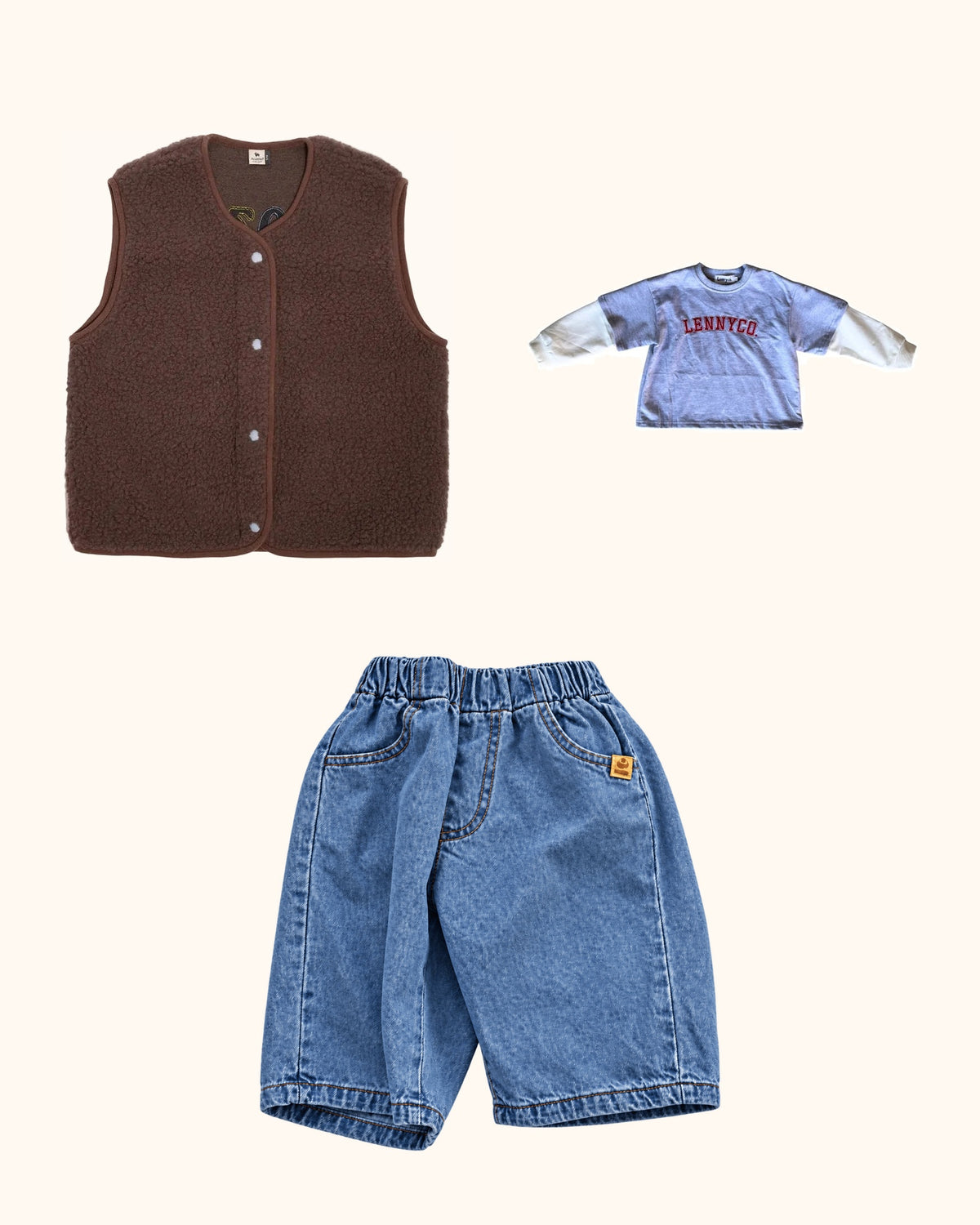 Cozy Club Layered Denim Look – originale Produkte auf einheitlichem Hintergrund