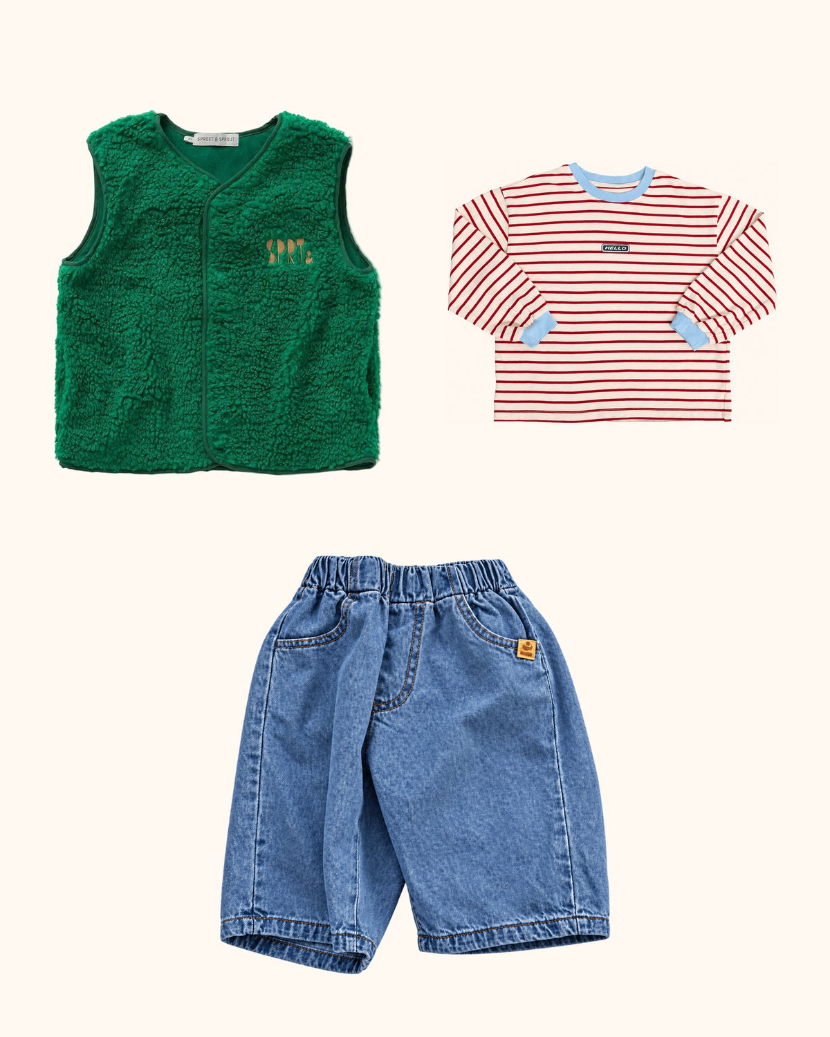Green Teddy Stripe Denim Kids Look – originale Produkte auf einheitlichem Hintergrund