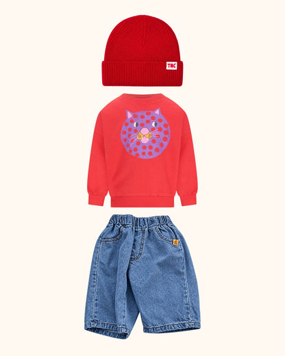 Mars Red Denim Cherry Mini Look – originale Produkte auf einheitlichem Hintergrund
