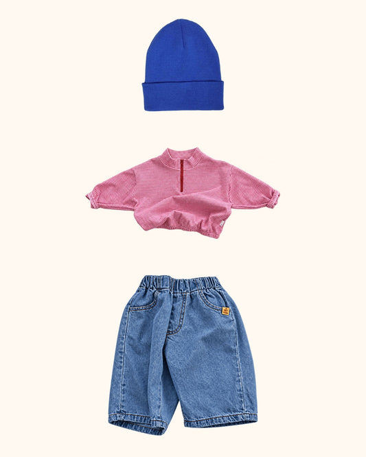 Retro Denim Pink Mini & Kids Look – originale Produkte auf einheitlichem Hintergrund