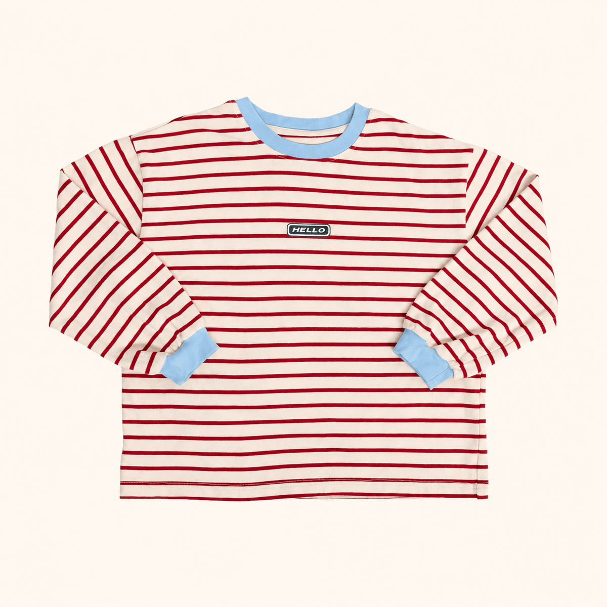 Rot gestreiftes Kinder Longsleeve mit hellblauen Abschlüssen von Hello Harlow