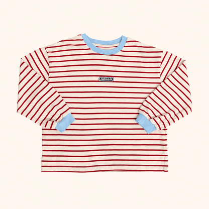 Rot gestreiftes Kinder Longsleeve mit hellblauen Abschlüssen von Hello Harlow