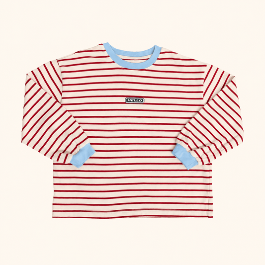 Red striped kids long sleeve top with light blue trim by Hello Harlow