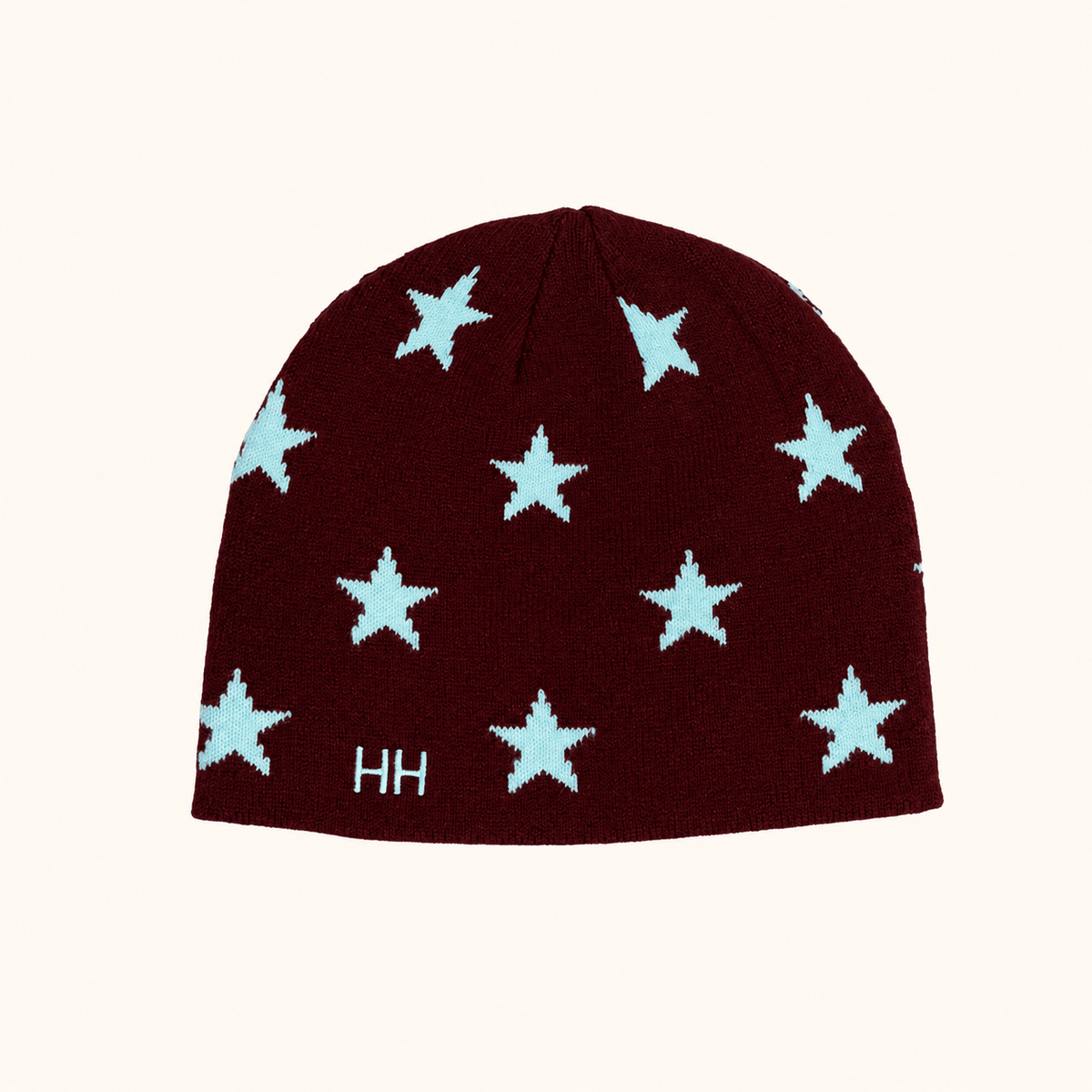 Burgundy Star Beanie with light blue stars by Hello Harlow
