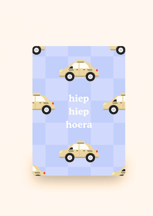 Greeting card with taxi and text Hiep hiep hoera by Kaartcreaties
