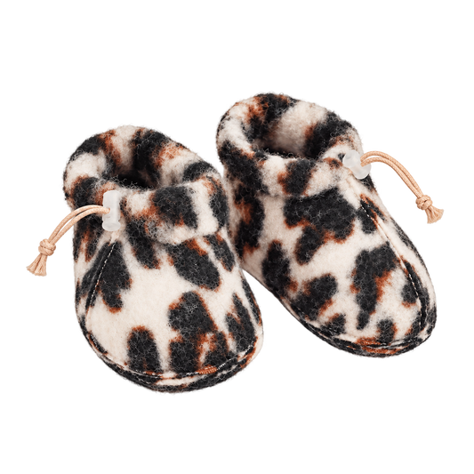 Wool baby booties by We Are Wovens with leopard print