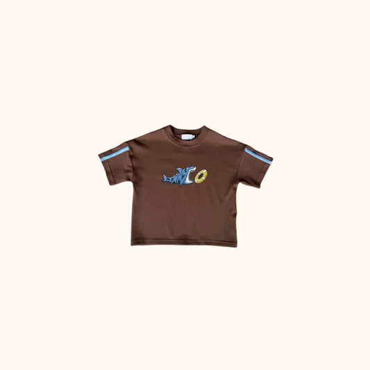 Brown Shark T shirt with shark motif and light blue details by Lennyco