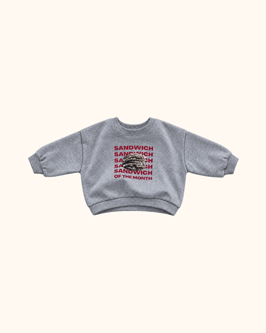 Grey Snack Club baby sweatshirt with sandwich print by Black Bean