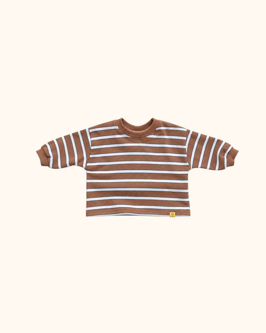 Baby sweatshirt by Black Bean in brown and white with stripes, front view
