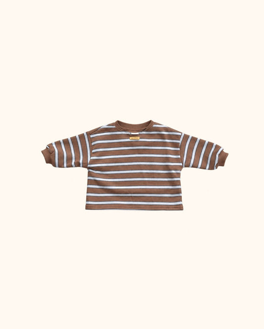 Baby sweatshirt by Black Bean in brown and white with stripes, back view